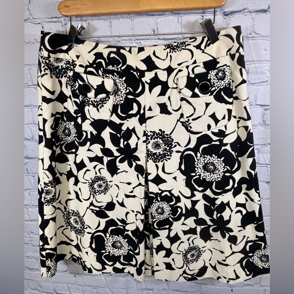 Merona Black Cream Floral Classic Preppy Party Pleated Chic A-line Skirt Size 12